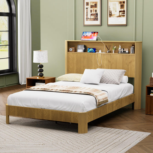 Rumiiro Full XL Size Bed Frame with Fluted Headboard Storage, USB/Outlets, Quiet Metal Slats, No Box Spring, Natural Oak