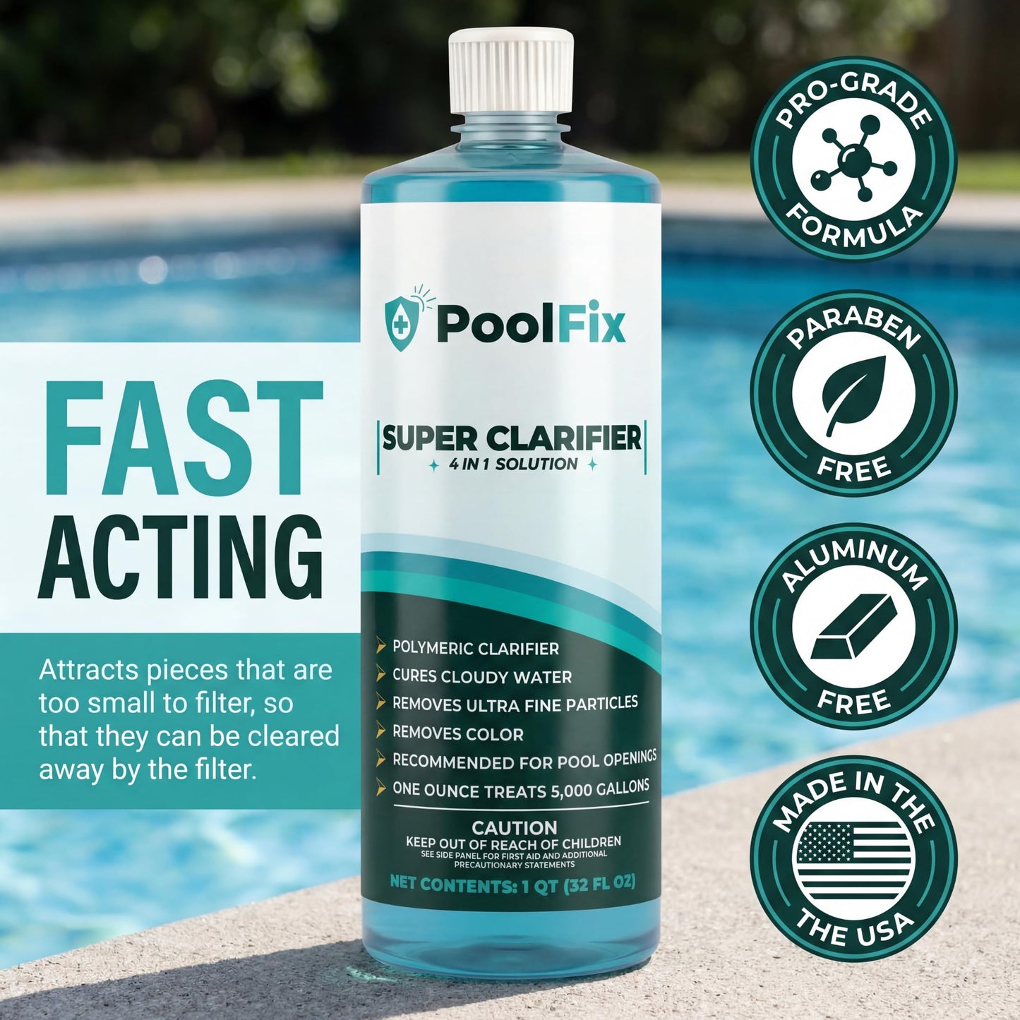 PoolFix 4-in-1 Pool & Spa Water Clarifier | Natural Eco-Friendly Water Treatment for Crystal Clear, Fresh & Balanced Pool & Spa Water | Made in USA (32oz)