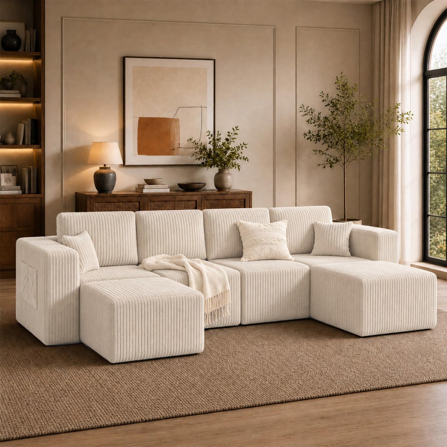 130'' Modular Sectional Couches for Living Room, Deep Seat Corduroy Convertible L Shaped Sofa with 2 Ottomans, Removable Cover, Side Storage Pockets & Adjustable Back Pillows, Beige