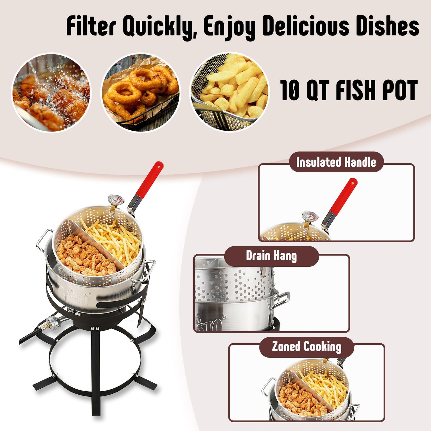 Feasto 10 Qt Outdoor Propane Gas Fish Fryer Pot Kit with Strainer Basket