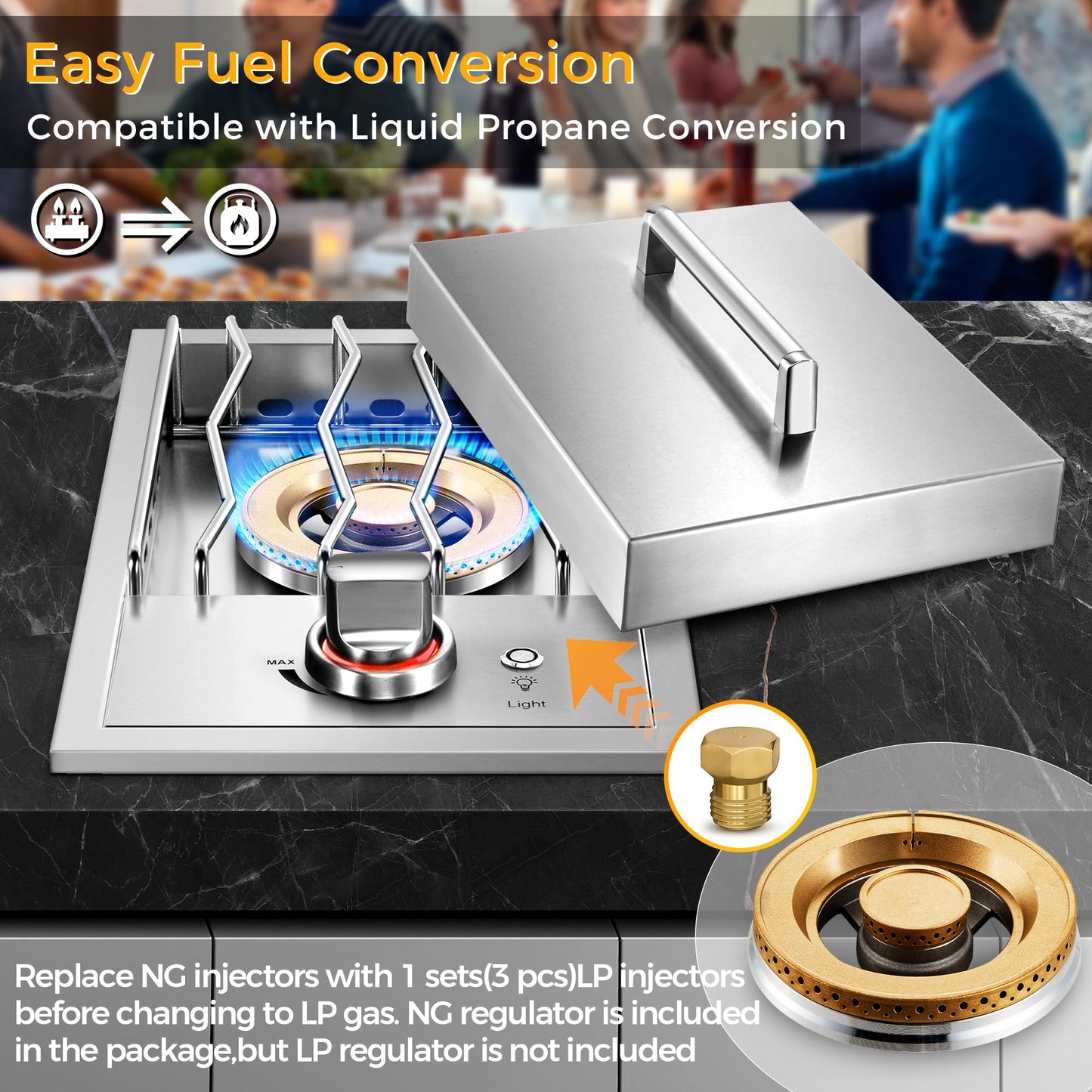 Huishenplus Grilling Side Burners for Outdoor Kitchen,18,000BTU Nature Gas Side Burner Convertible to Liquid Propane, Duty Heavy 304 Stainless Steel, Single Burner for BBQ Island Grill, Gold