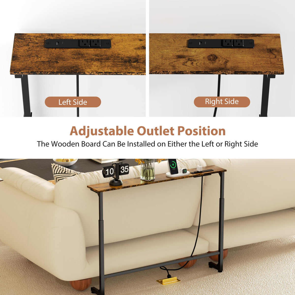 GRLEAF 2 Pack Adjustable Height Narrow Console Table with Power Outlets, 78.7" Long Sofa Table with Charging Station Behind Couch Table Entryway Table for Living Room and Hallway – Rustic Brown