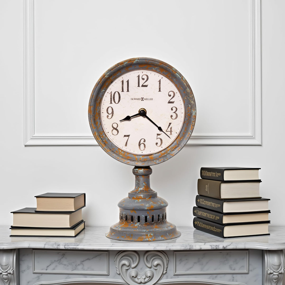 Howard Miller Ardie Mantel Clock – Black Aged Metal Frame, Arabic Numerals, Convex Glass Crystal, Battery-Powered Quartz Movement