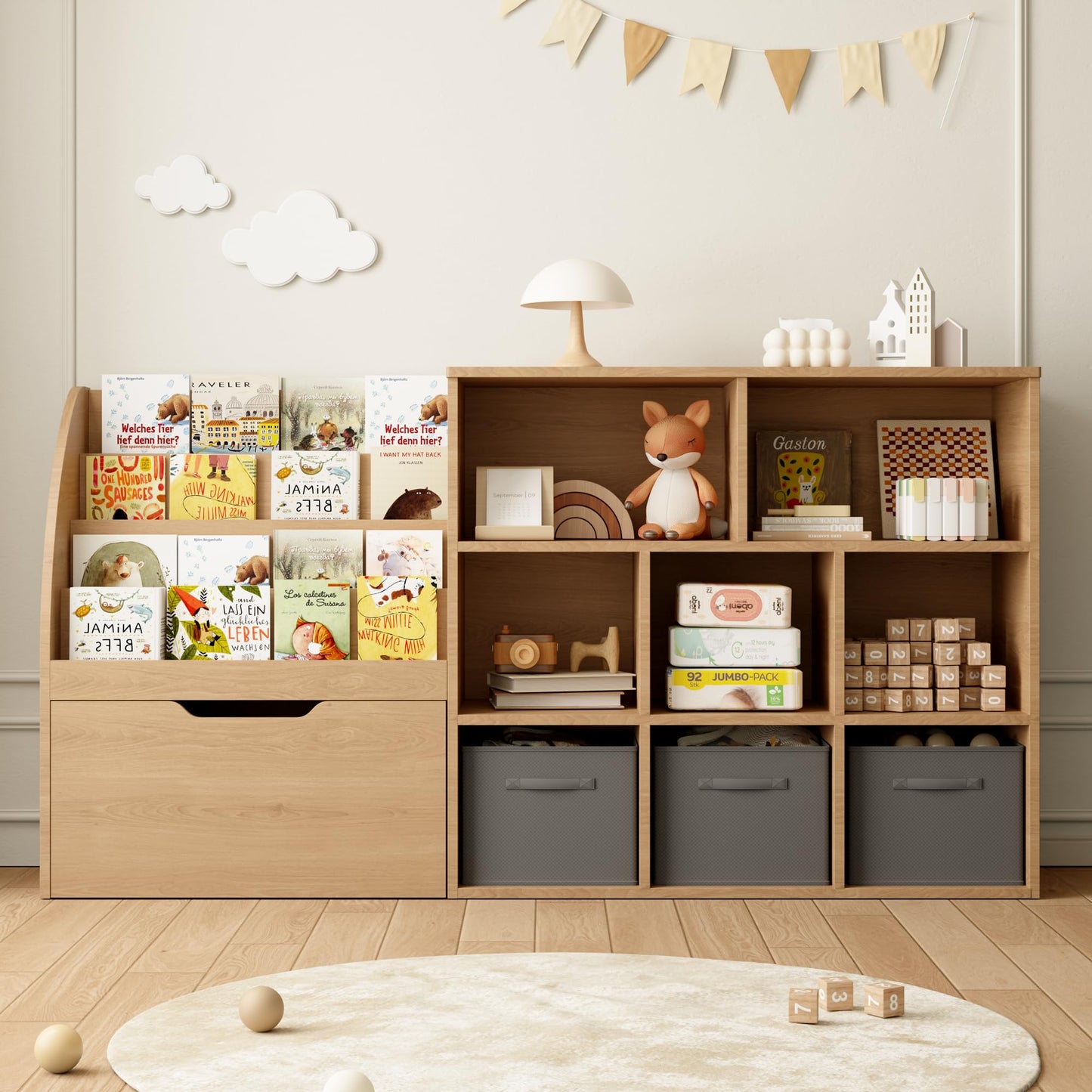 Fatmok Kids Bookshelf and Toy Storage, Toy Storage Organizers with Movable Drawers & 3 Storage Bins, Kids Reading Nook Toy Organizers Shelf with 5 Cubbies, Natral Wood