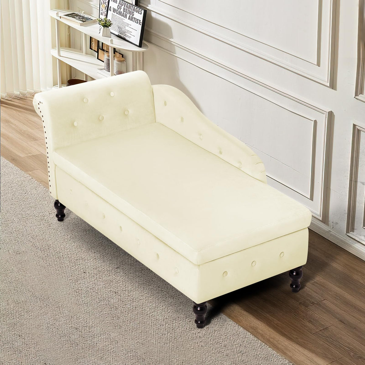 ACMEASE Velvet Chaise Lounge w/Left Armrest & Storage Space, Beige