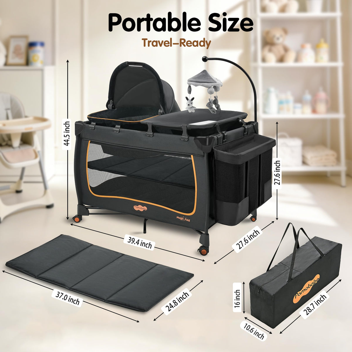 Pamo Babe 6 in 1 Baby Pack and Play with Bassinet - One-Step Setup Travel Crib, Small Portable Playpen for Babies, Portable Baby Bassinet, Changing Table, Toys Bar & Extra Large Storage Bag