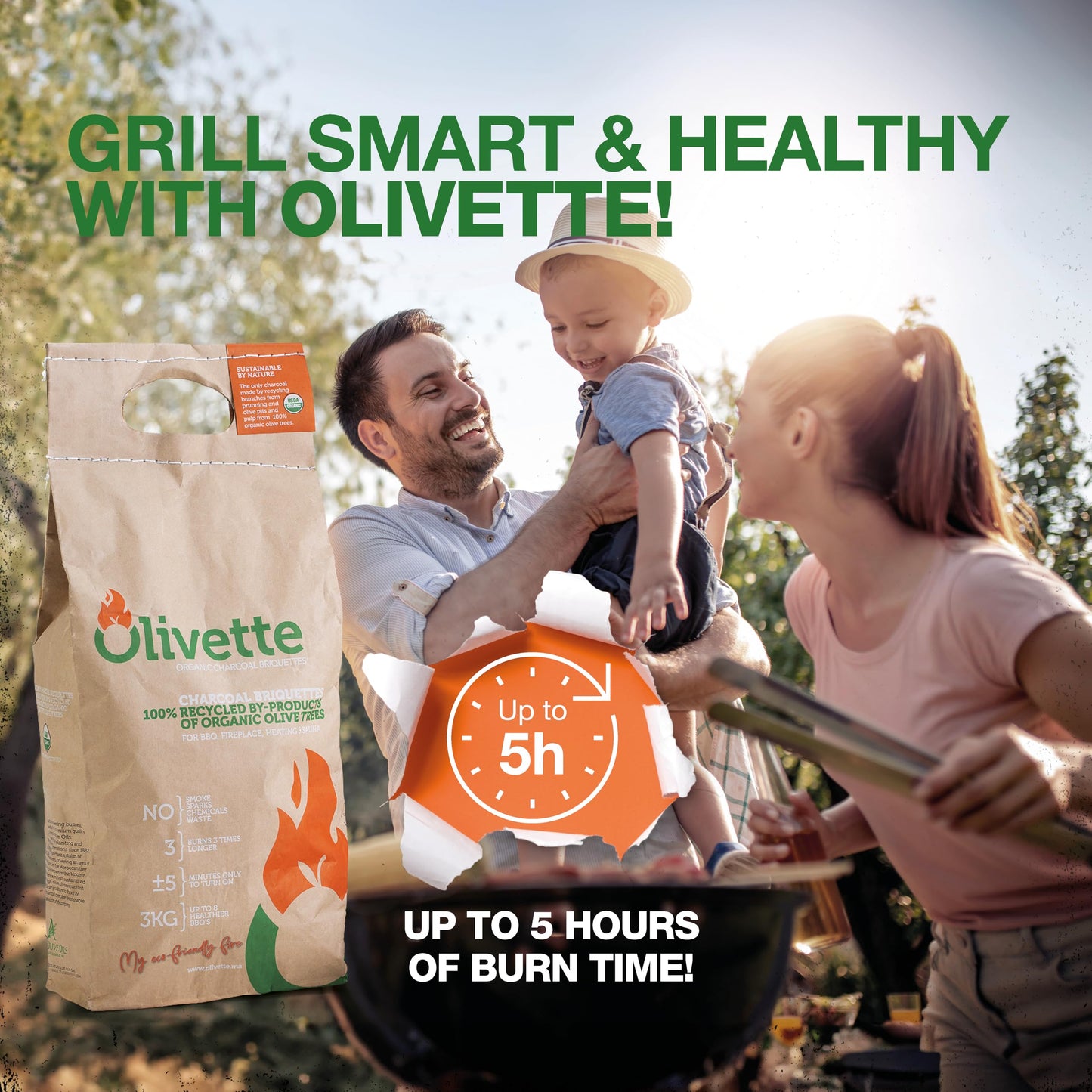 Organic Charcoal Briquettes by Olivette, Reusable Charcoal for Grilling, USDA Certified, Recycled Olive Tree Byproduct, Ready to Light BBQ Charcoal, 6.6 lb. Bag Equal to 20 lb. of a Regular Charcoal