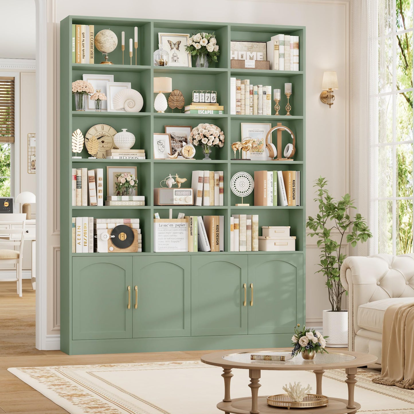 FACBOTALL 82.3" Triple Wide Bookshelf, 7-Tier Tall Bookcase with 15-Cube Open Bookshelf & 4 Doors, Large Bookshelf with Storage Cabinet, Modern Bookshelf for Living Room, Office, Study Room, Green