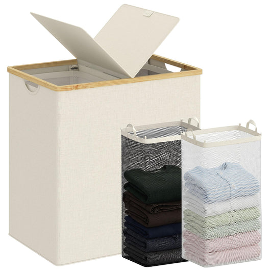 efluky Laundry Hamper with Lid, Double Laundry Basket with 2 Removable Bags, 2 Section Laundry Bin with Bamboo Handles for Bathroom, Bedroom & Laundry Room, 140L (36.9 Gallon) Beige