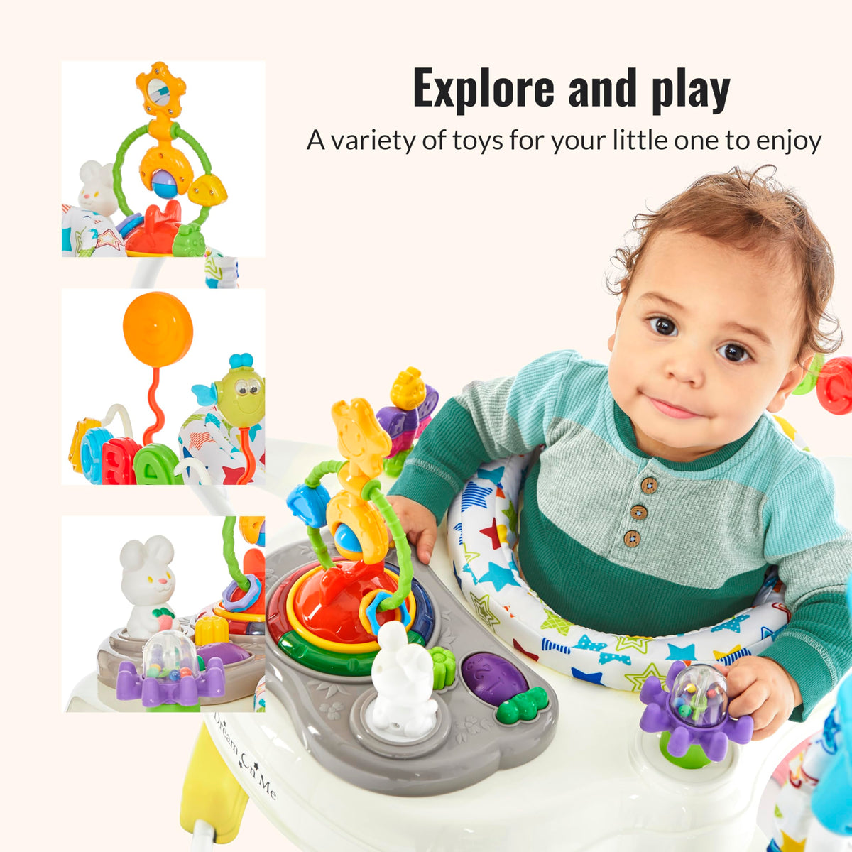 Dream On Me 2-in-1 Baby Activity Center & Bouncer Jumper, 360° Rotating Seat, 3-Height Adjustable, 12 Melodies with Lights & Interactive Toys, Promotes Early Development - Star Print