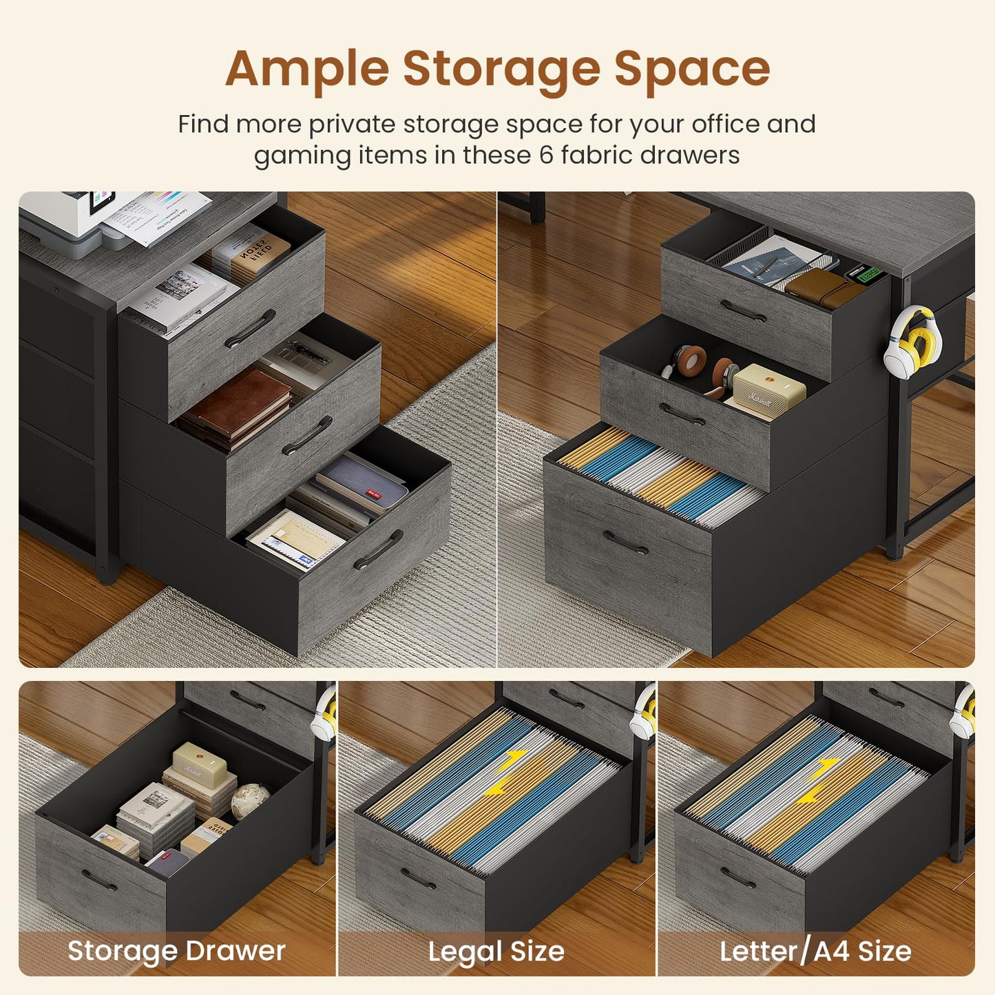 SEDETA Reversible L Shaped Gaming Desk with 6 Drawers, Hutch, Led Lights