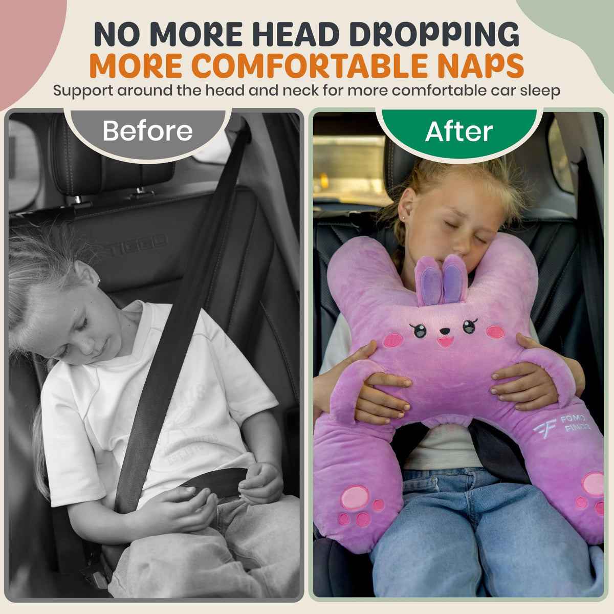 FOMO Finds Kids Car Sleeping Pillow, Neck & Back Support, Purple Rabbit
