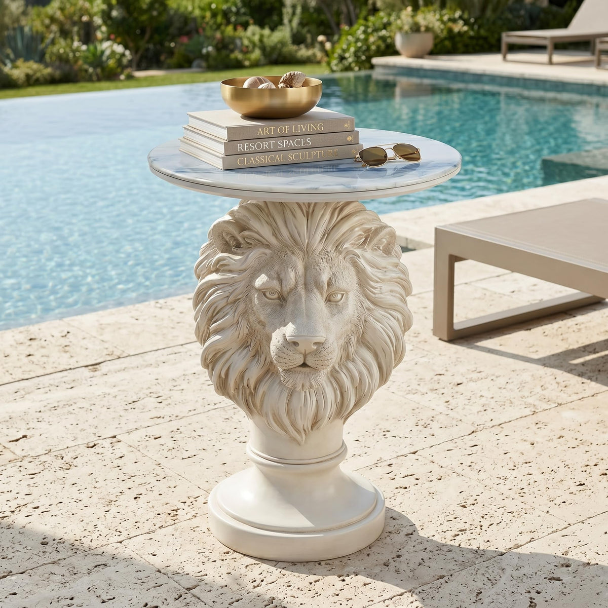 Eshiaeid White Lion Head Sculptural Side Table with Faux Marble Top, 19.7" Round Animal End Table, 25.6" H Majestic Accent Nightstand for Living Room & Bedroom, Luxury Housewarming Gift