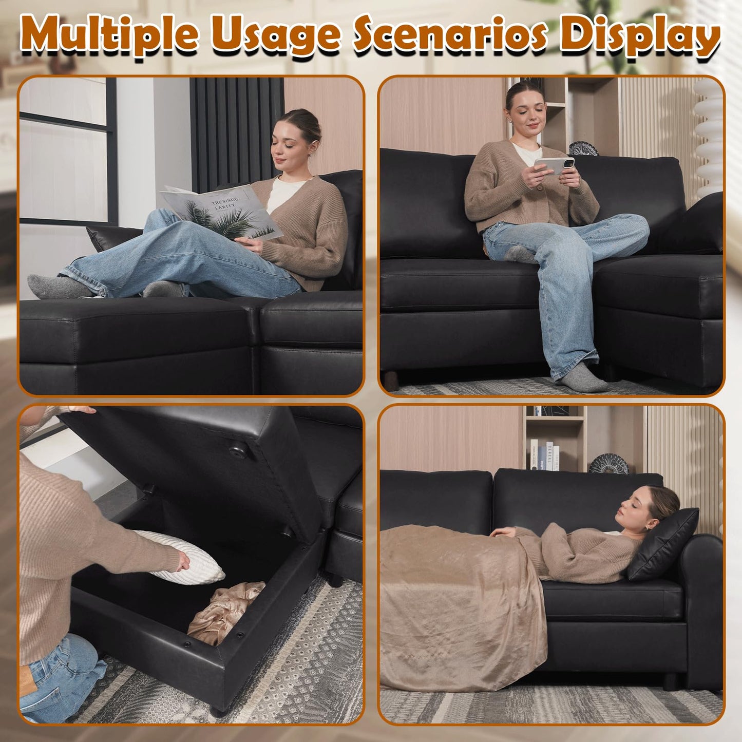 EASE MOOSE Oversized Modular Sectional Sofa, Waterproof & Scratch-Resistant Faux Leather Sofa with Deep Seat, Comfy L-Shaped Sofa with Storage Ottoman, Sectional Couches for Living Room, Black