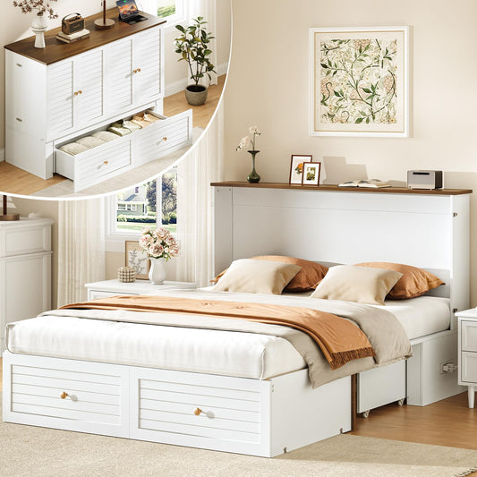 Yoobure Queen Murphy Bed with Charging Station - Modern Queen Bed Frame with Storage, Foldable Platform Cabinet Beds with Drawer, Wood Hideway Bedframe for Guest & Living Room, Bedroom, Office, White