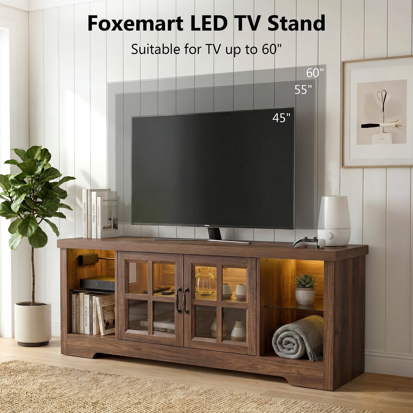 Foxemart LED TV Stands, 55 Inch Farmhouse Television Stand with Charging Station & Adjustable Shelf, Wood Entertainment Center for 60 Inch TV, Display TV Console Table for Living Room/Bedroom