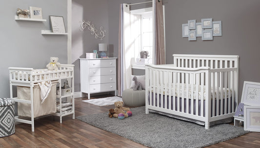 Sorelle Palisades 3-Piece Nursery Set - 4-in-1 Convertible Crib, 4-Drawer Dresser, Changing Table with Hamper - Non-Toxic Wood Finish - White