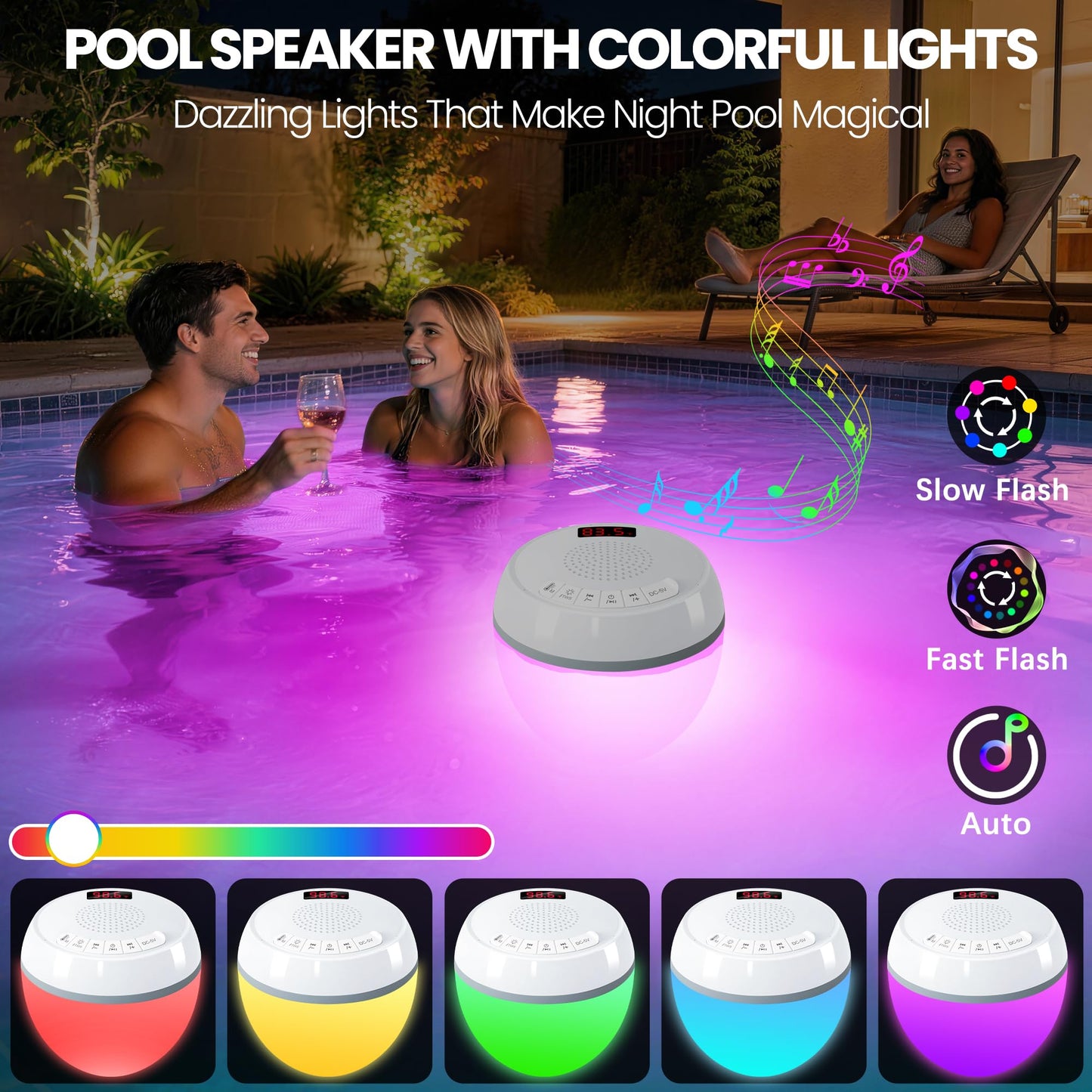 AearKing 3in1 Floating Pool Speaker with Digital Pool Thermometer,Bluetooth Pool-Speaker with Colorful Lights,TWS Hot Tub Speaker Waterproof IP68 Pools-Speaker,BT5.0 Bluetooth Speaker for Pools-White