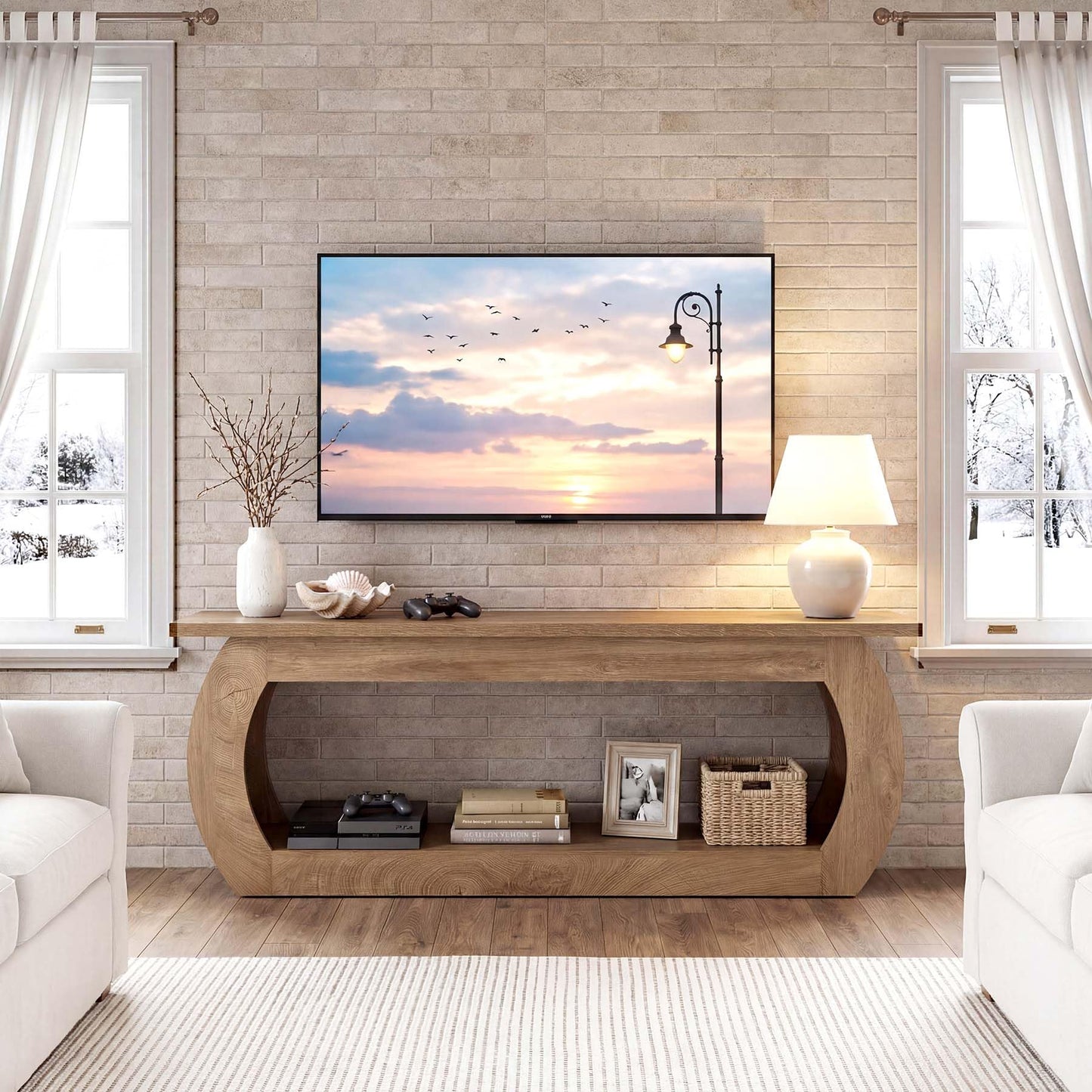 LITTLE TREE TV Stand for 65 Inch, Wooden Entertainment Center with Storage