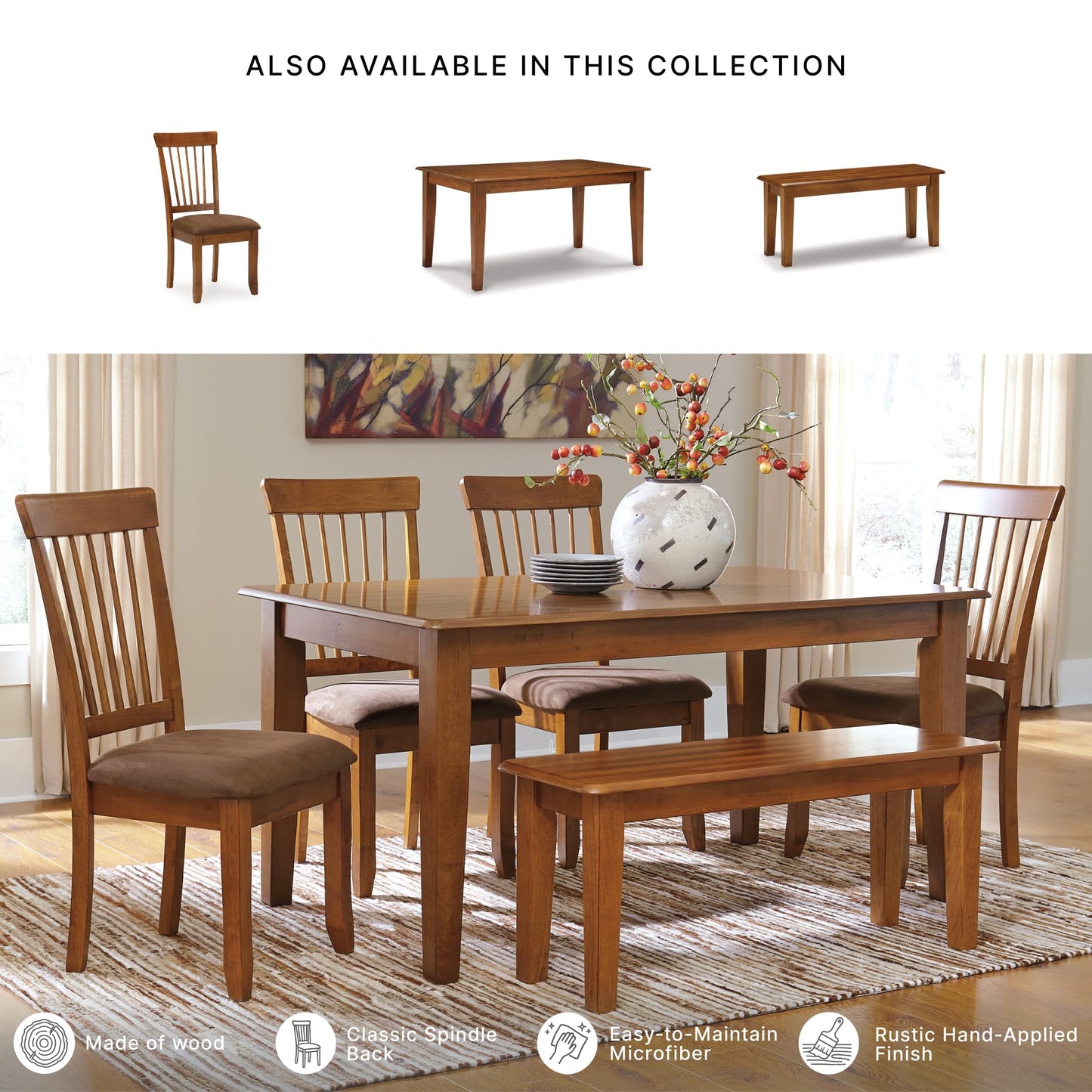 Signature Design by Ashley Berringer Dining Chairs Set of 2, Classic Wood Spindle-Back Design, Cushioned Microfiber Seat, Rustic Finish for Kitchen & Dining Room Chair, Walnut