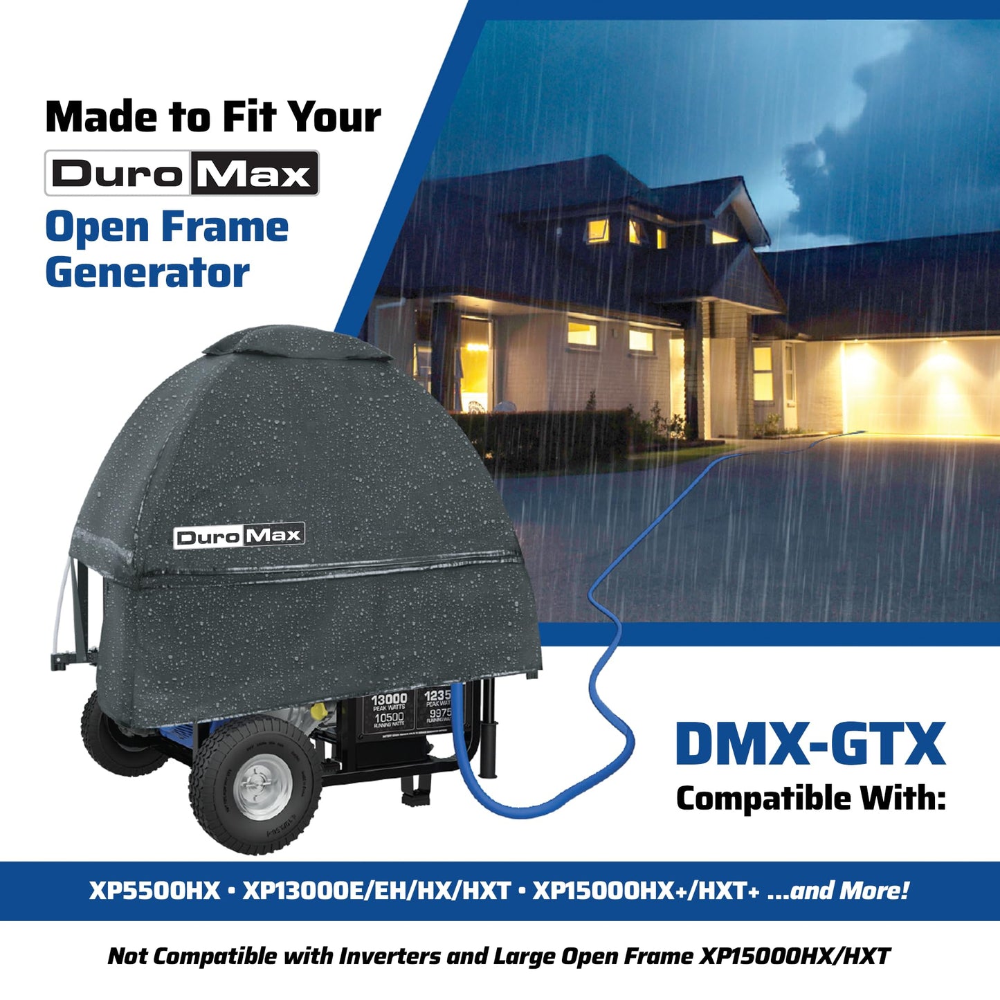 DuroMax DMX-GTX Portable Generator Running Cover – Weatherproof Outdoor Vinyl Canopy, Fire- & Wind-Resistant, Universal Open Frame Fit