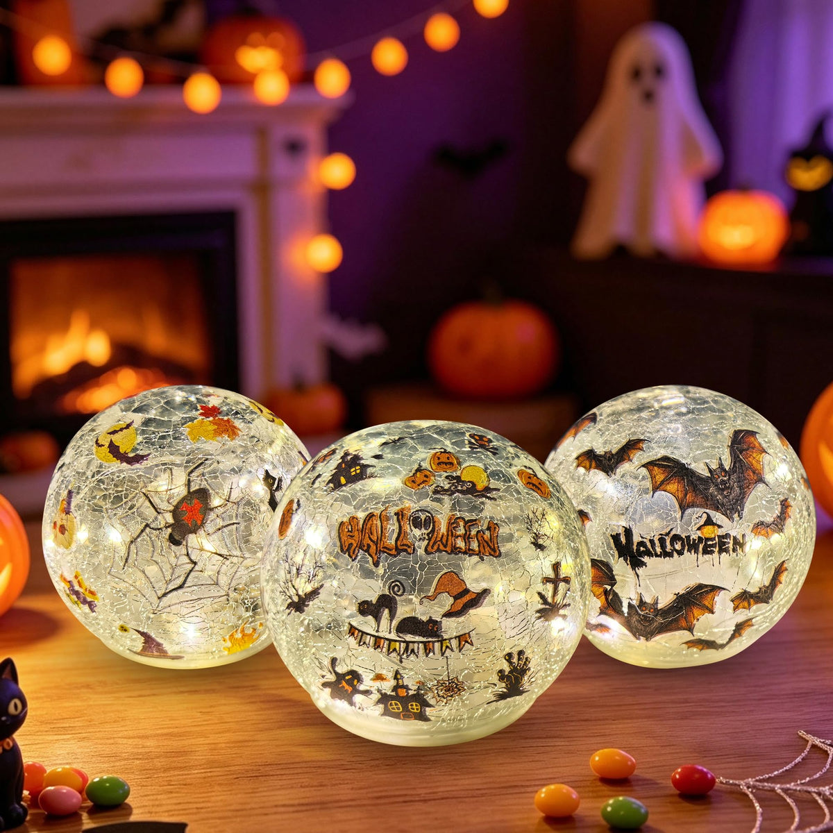 3 Pack Halloween Desktop Decorative Lights, Interior Decorations, LED Cracked Glass Ball Lights with Timer (Brown Bat)