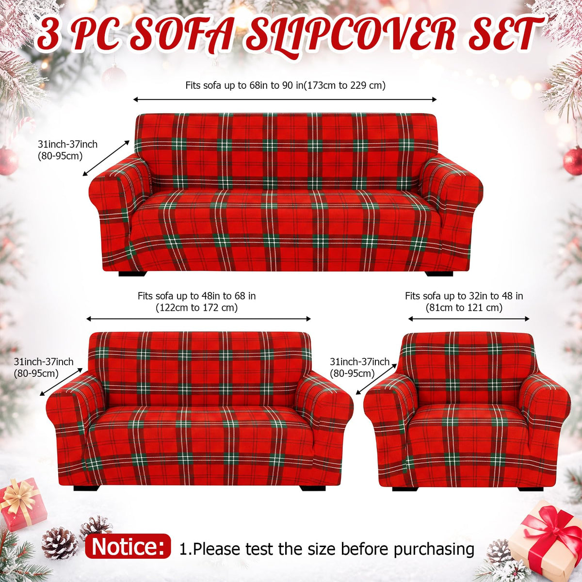 Peryiter 3 Pcs Milk Silk Spandex Couch Cover, Red Green Plaid