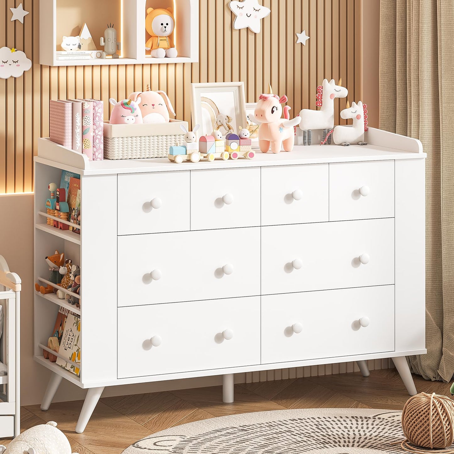 Halitaa Kids Dresser Cabinet with 8 Drawers, White Chest of Drawers with Open Shelving, Baby Dresser, Kids Bedroom Furniture, Nightstand for Child' s Room, White