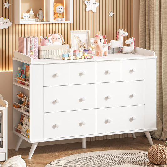 Halitaa Kids Dresser Cabinet with 8 Drawers, White Chest of Drawers with Open Shelving, Baby Dresser, Kids Bedroom Furniture, Nightstand for Child' s Room, White