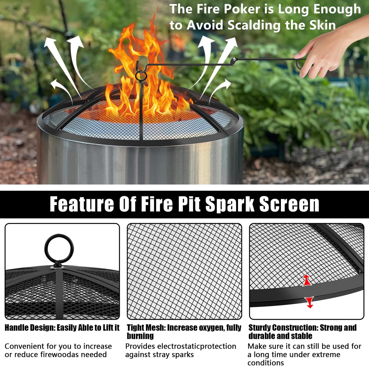 Fire Pit Spark Screen, Fire Pit Screen 24 Inch Round with Handle & Poker