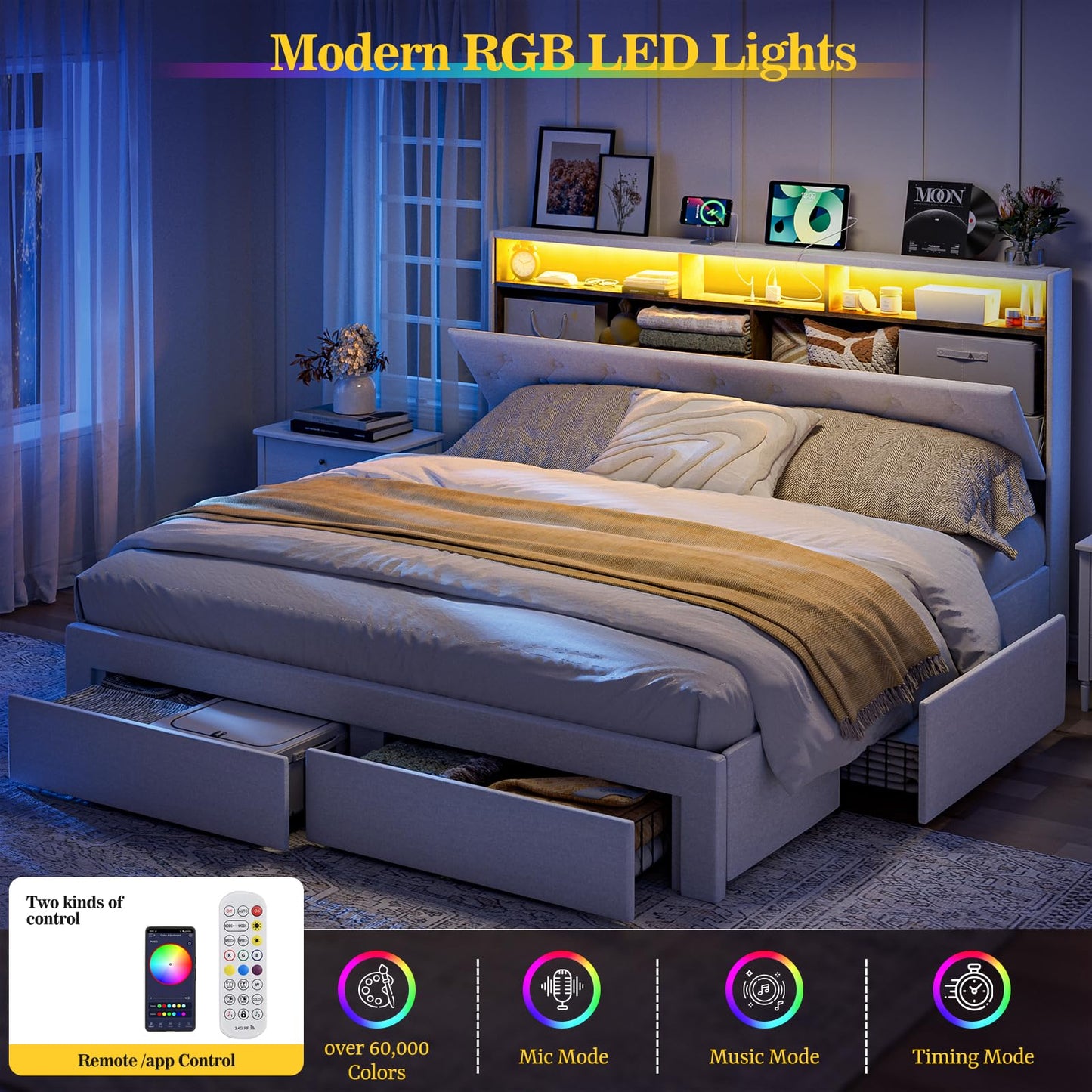 AOVSA California King Bed Frames with 4 Drawers, Hidden Storage Headboard with LED Lights and Charging Station, Upholstered Cal King Platform Bed, Noise Free, No Box Spring Needed, White