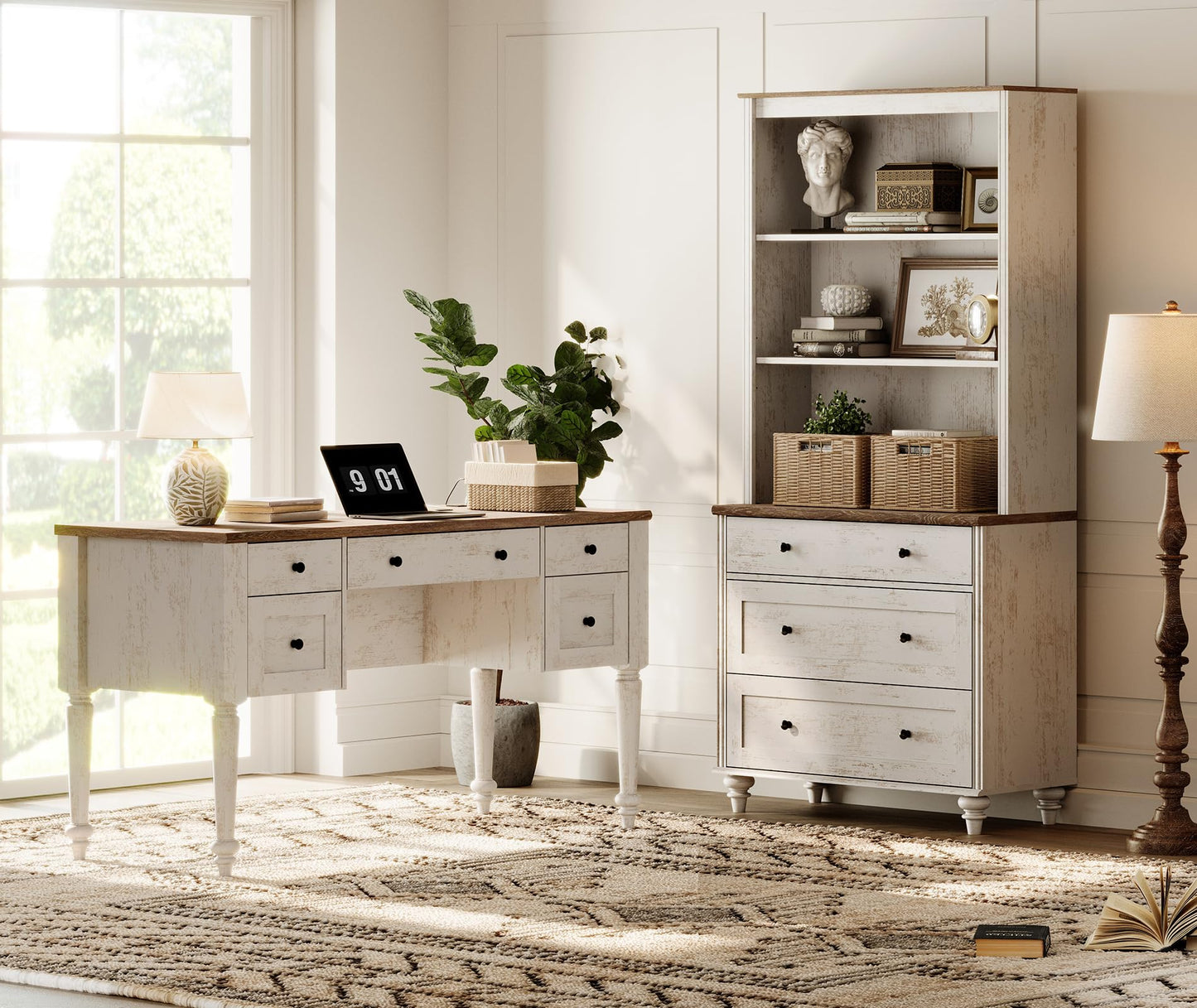 WAMPAT Home Office Furniture Set, 56" Executive Desk with Charging Station, 72" Tall Bookcase with 3 Drawers, Wood Computer Desk with File Cabinet, Open Shelf, Rustic White