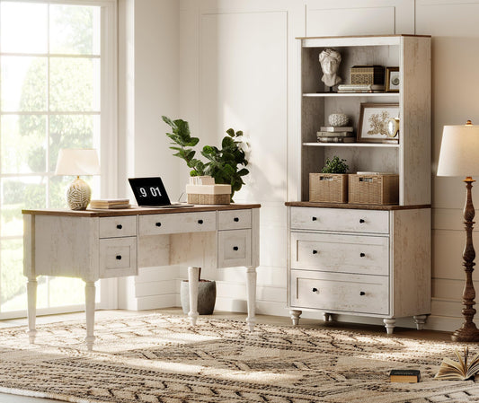 WAMPAT Home Office Furniture Set, 56" Executive Desk with Charging Station, 72" Tall Bookcase with 3 Drawers, Wood Computer Desk with File Cabinet, Open Shelf, Rustic White