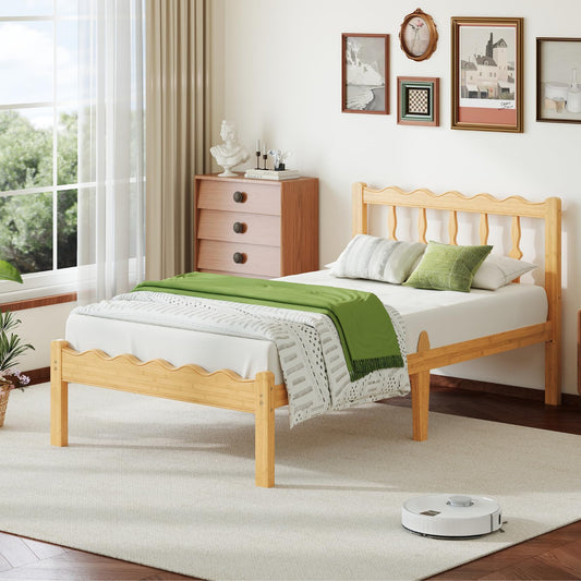 Bednowitz Bamboo Twin XL Bed Frame with Headboard, 14 inch Solid Wood Platform Bed Frames Twin XL Size with Metal Slats, No Box Spring Needed, Easy Assembly, Noise Free