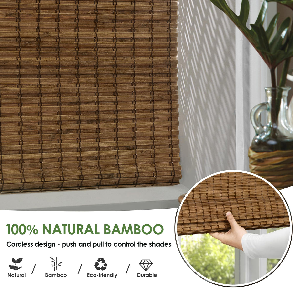 LazBlinds Cordless Bamboo Roman Shades, 34.5x48, Highfield Teak