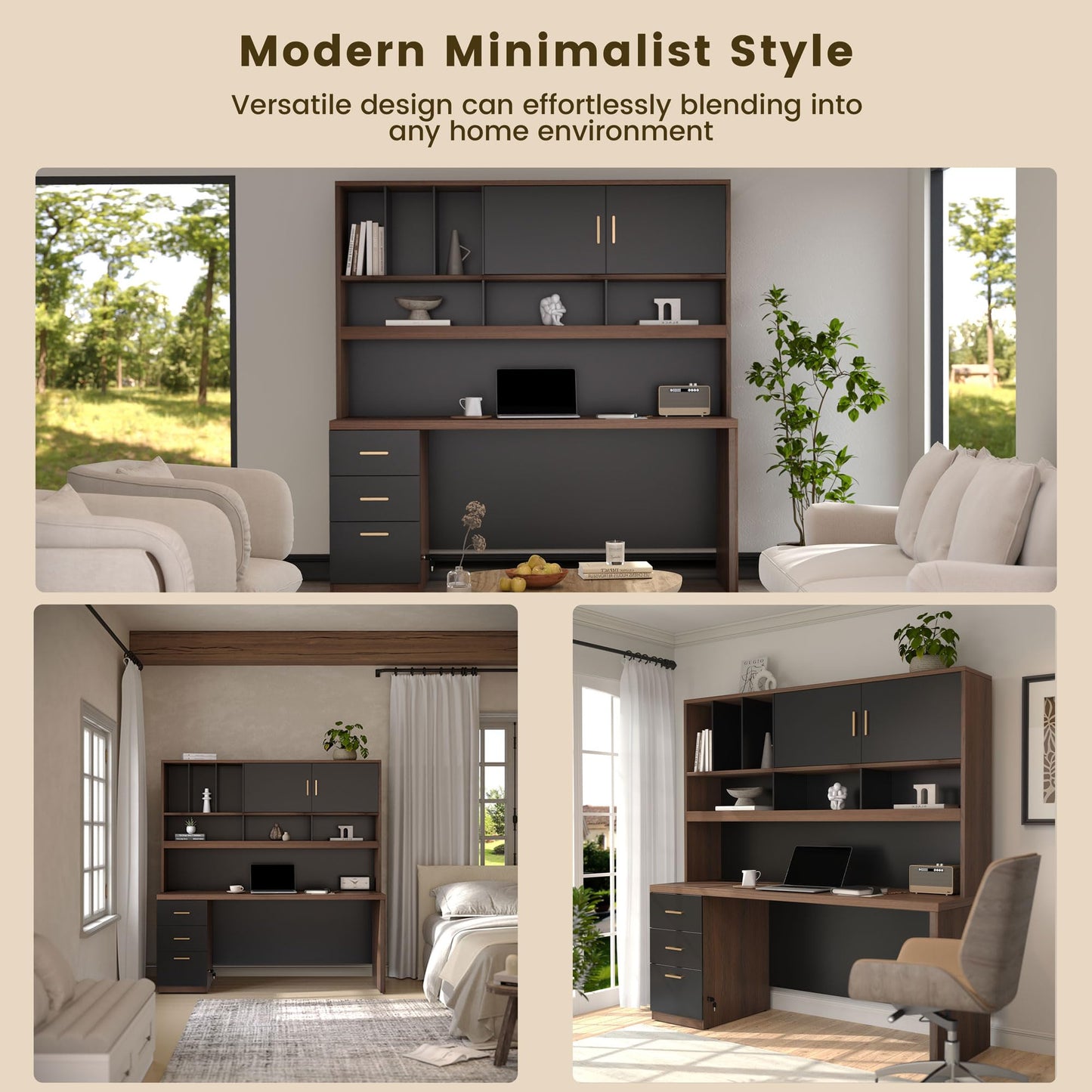 ModernMate Computer Desk with Hutch and Drawers, 72.8'' Executive Office Desk with Storage, 1.18" Desktop, Privacy Panel, All-in-One Study Writing Desk with Power Outlet for Home Study, Black Walnut