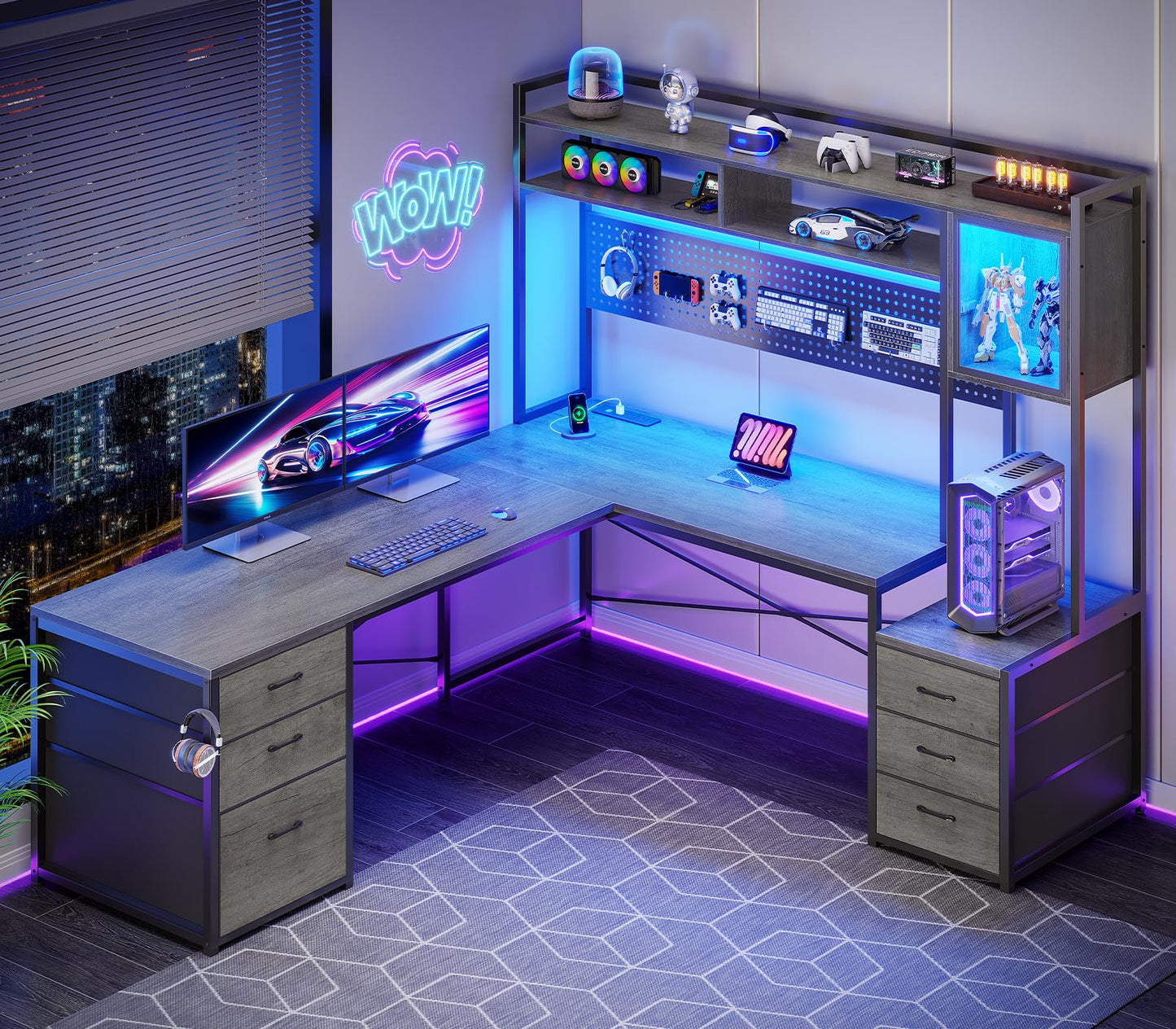 SEDETA Reversible L Shaped Gaming Desk with 6 Drawers, Hutch, Led Lights
