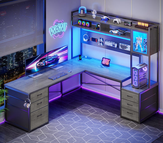 SEDETA Reversible L Shaped Gaming Desk with 6 Drawers, Hutch, Led Lights