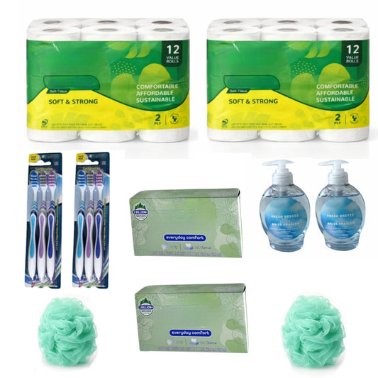 Generic 10-Piece Double Bathroom Restock Bundle: 2-Ply Bath Tissue (24 Rolls Total), Facial Tissues (2 Boxes), Hand Soap (2 Bottles), 2 Bath Sponges, and 6 Toothbrushes