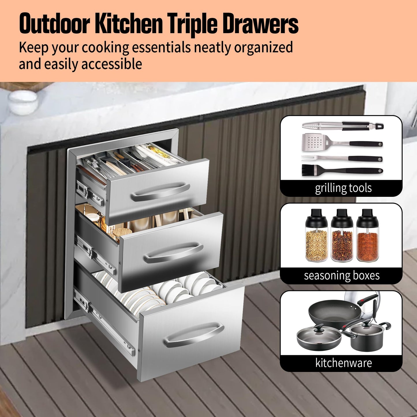 Outdoor Kitchen Drawers Built-in BBQ Drawer Stainless Steel Access Drawers for Outdoor Kitchen Island or Grill Station (14" W x 20.3" H x 23" D)