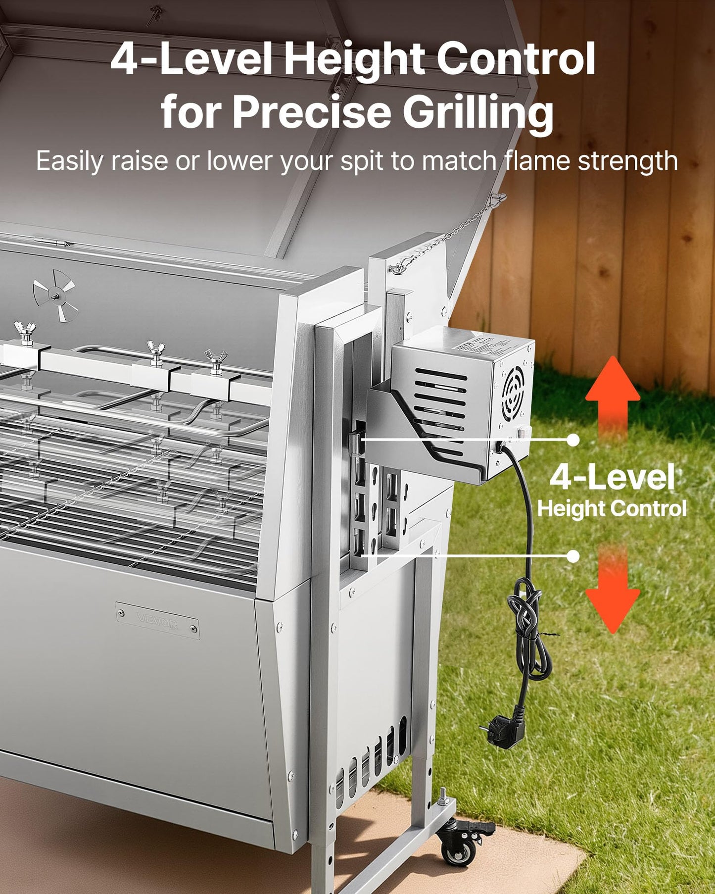 VEVOR Rotisserie Grill, 46in BBQ Outdoor Pig & Lamb Spit Roaster, Charcoal Spit Roaster with 132 LBS Capacity, Wheels & 4-Level Height, Stainless Steel Rotisserie Grill Kit for Camping Outdoor Parties