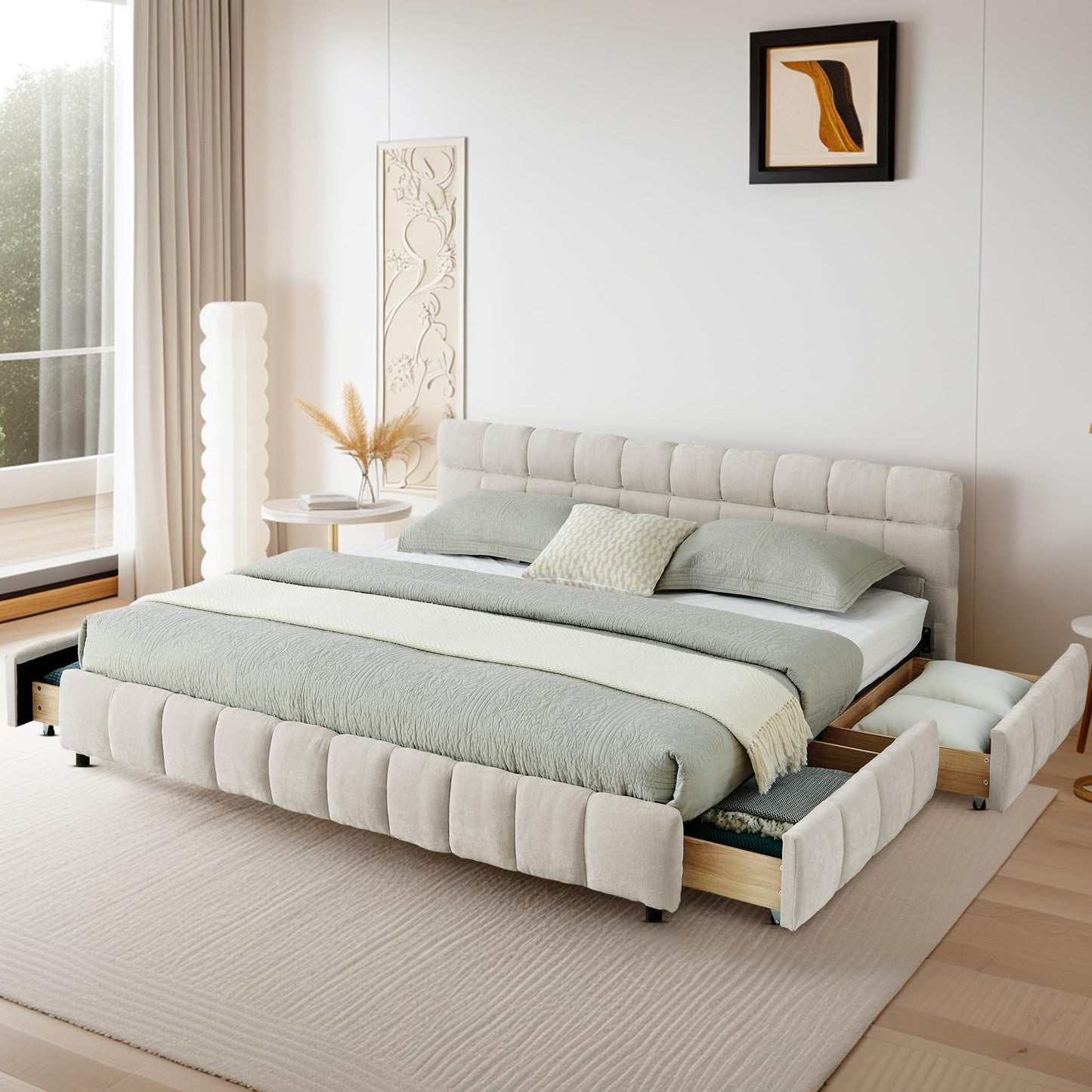 DNYN California King Size Grounded Bed with 4 Storage Drawers and Solid Wood Frame for Bedroom, Low-Profile Upholstered Chenille Bed with Headboard, Space-Saving & No Box Spring Needed