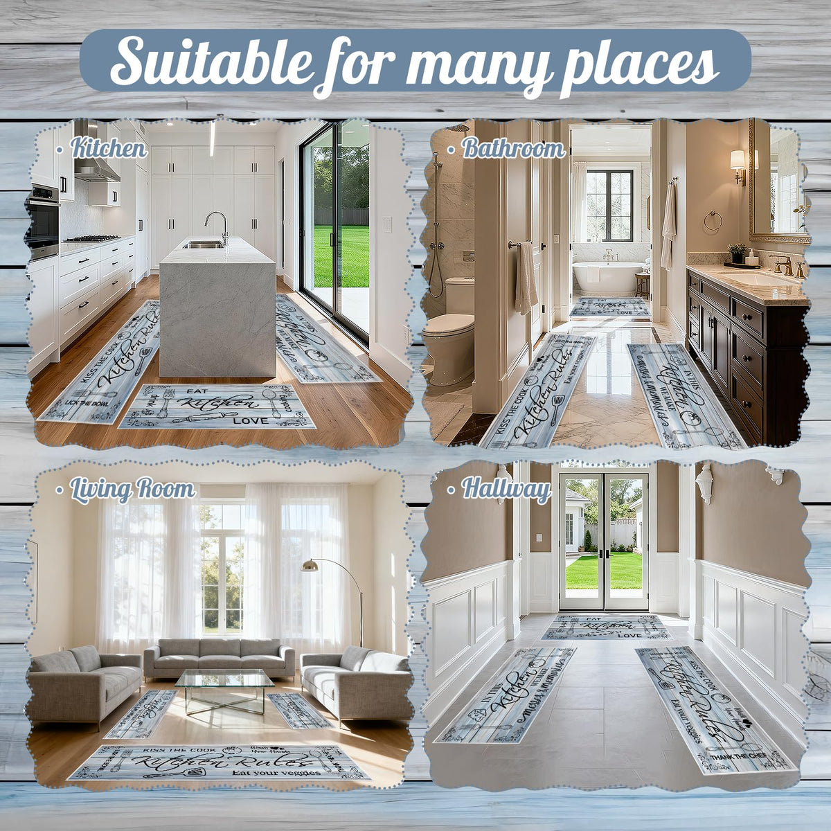 Wauprant 3 Pieces Farmhouse Kitchen Rug Sets with Quotes, Non-Slip Washable Kitchen Mats for Floor, Rustic Wood Grain Kitchen Decor Rugs for Laundry, Hallway, Kitchen (Wood Grey)