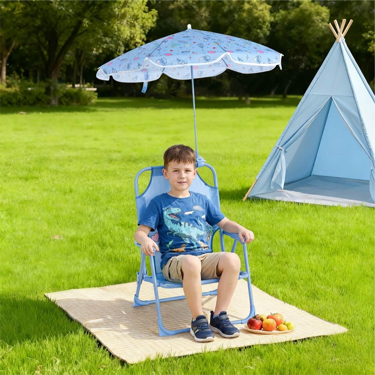 Disney Stitch Kids Beach Chair with Umbrella,Foldable Portable Toddler Chair with Armrests, Locking Mechanism & Sun Shade