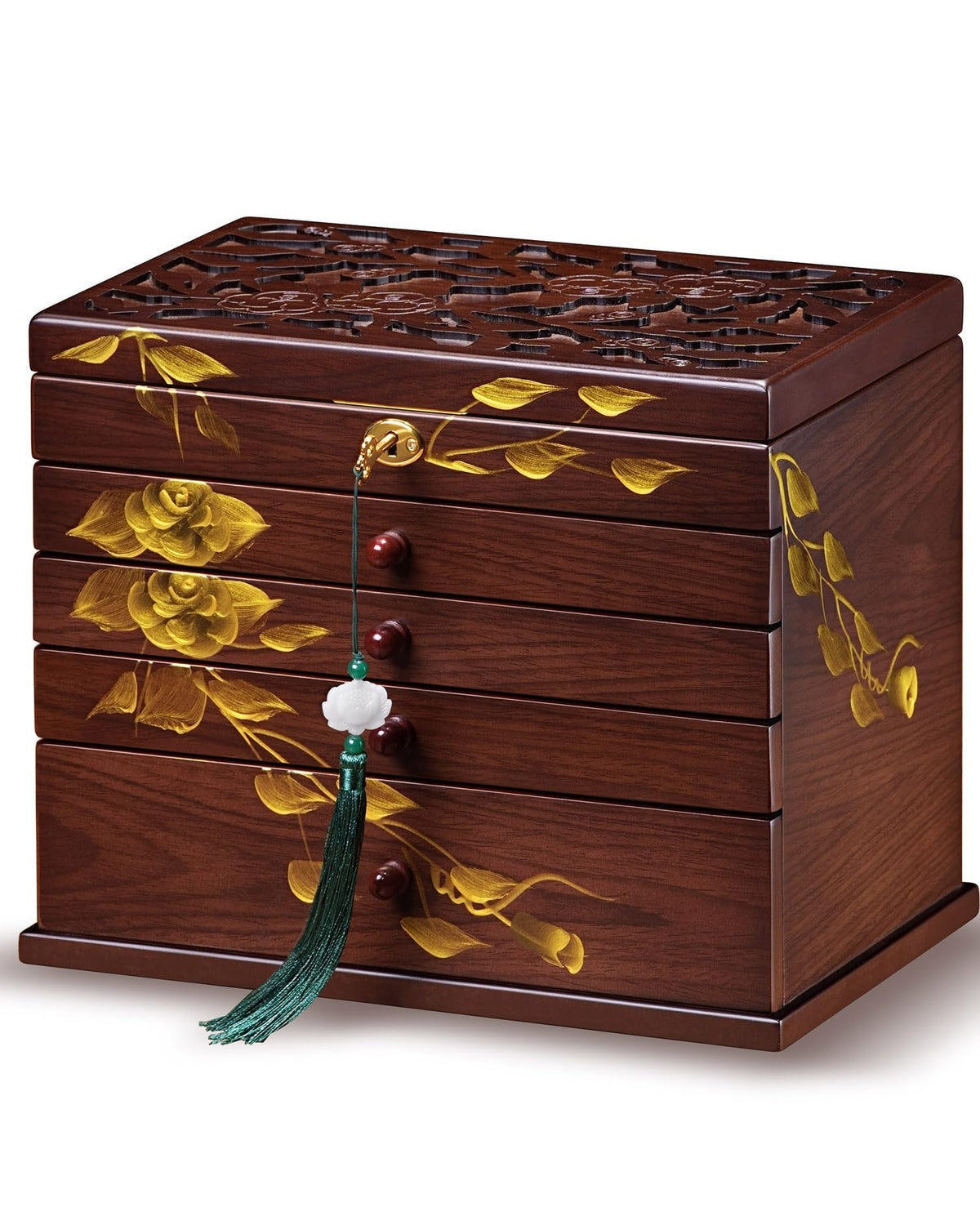 Painted Wooden Jewelry Box for Women, 6-Layer Vintage Organizer with Lock