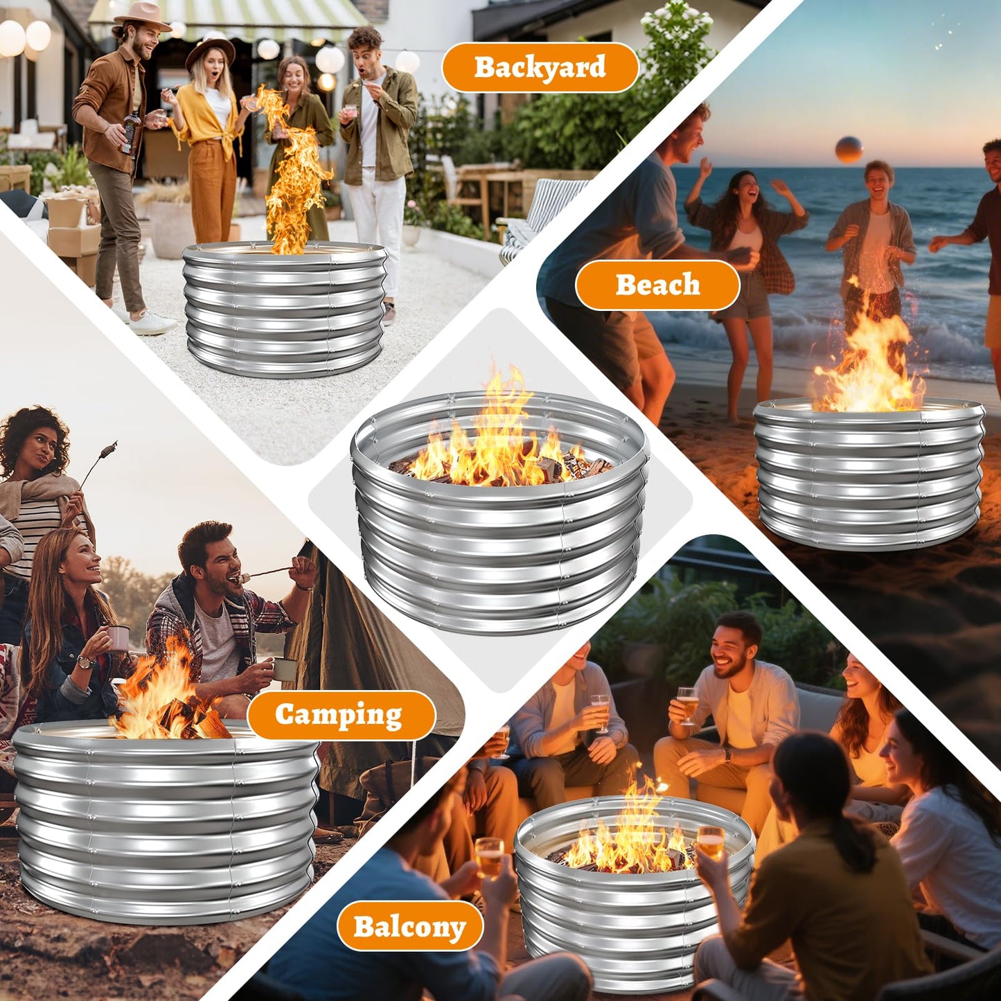 VAMFUTRE Metal Fire Pit Ring/Bonfire Fire Ring- 32 Inches Diameter, 0.8 MM Thick,1.5 ft High, Durable and Stylish for Outdoor Fire Pits,Patios and Camping (Silver, 2.7X2.7X1.5 ft)