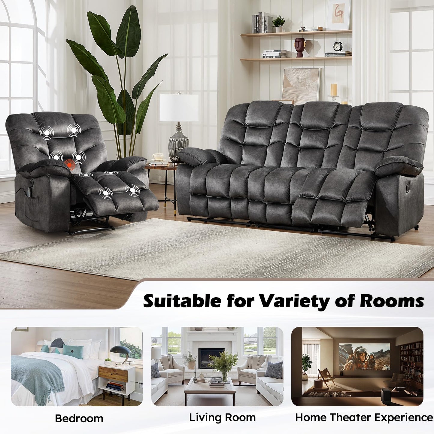 HAOMARKETS 3 Pieces Recliner Sofa Furniture Set, Include 2 Power Recliner Chairs with Message&Heat and a 3-Seater Reclining Couch for Living Room, Grey