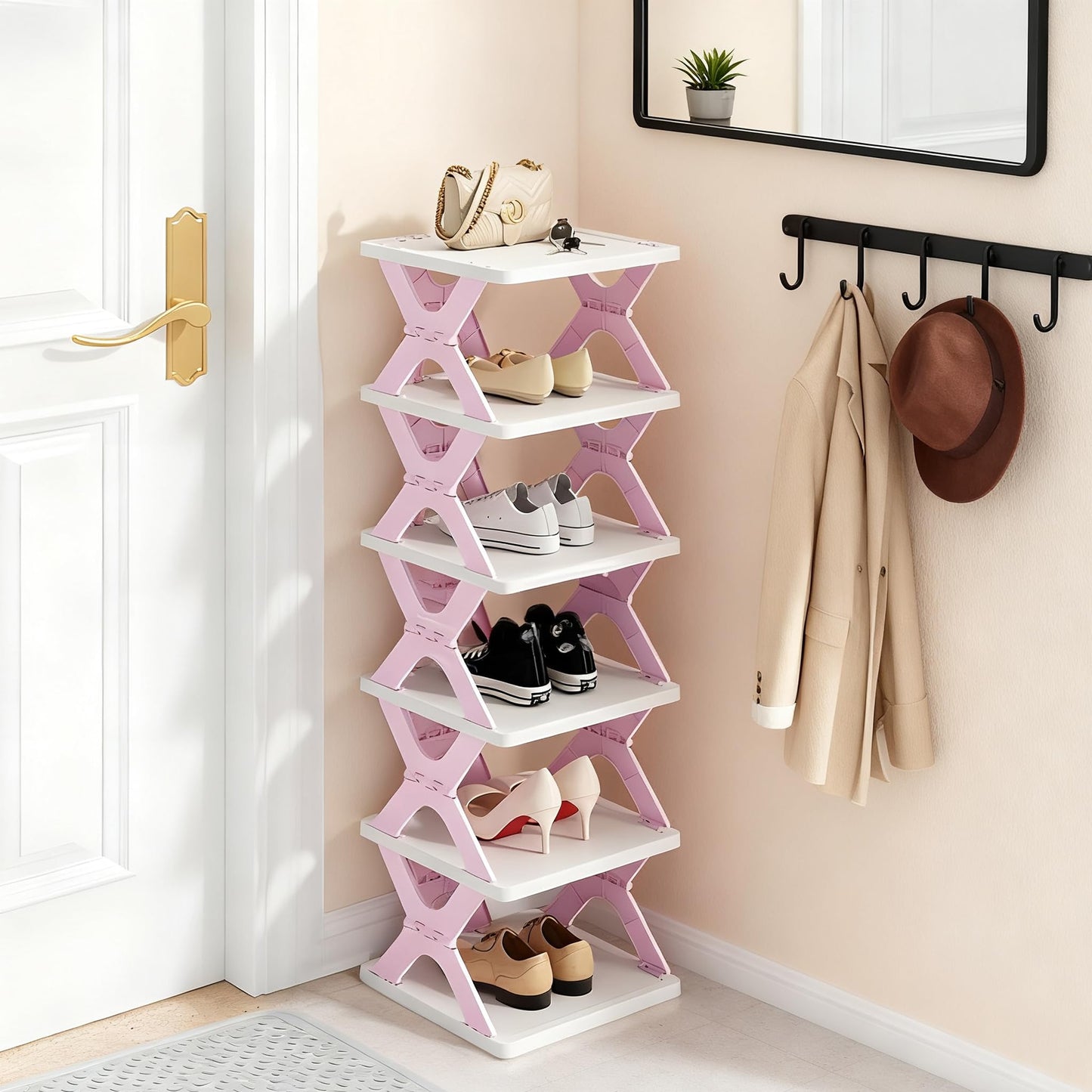 RILUKICH Shoe Rack, Collapsible Kids Shoe Rack, 6-Tier Small Foldable Shoe Organizer for Entryway, Dorm, Bedroom (Pink-x)