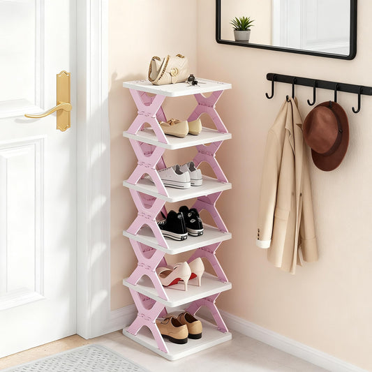 RILUKICH Shoe Rack, Collapsible Kids Shoe Rack, 6-Tier Small Foldable Shoe Organizer for Entryway, Dorm, Bedroom (Pink-x)