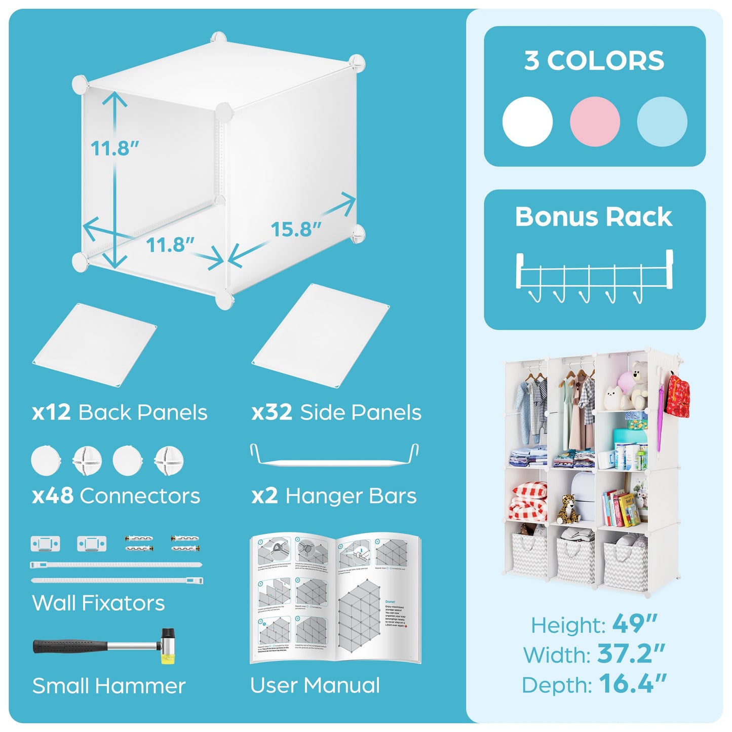 CUBEDIY Baby Closet Organizer for Nursery: Durable Baby Wardrobe for Closet - Customizable Baby Dresser Amoire Shelves - Waterproof Shelf Clothes Organizer w/Wall Fixation (White)